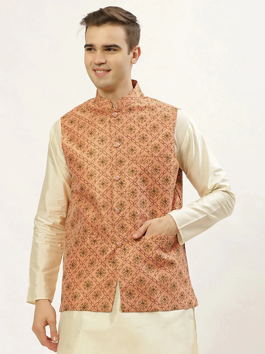 Men'S Orange Printed Nehru Jacket