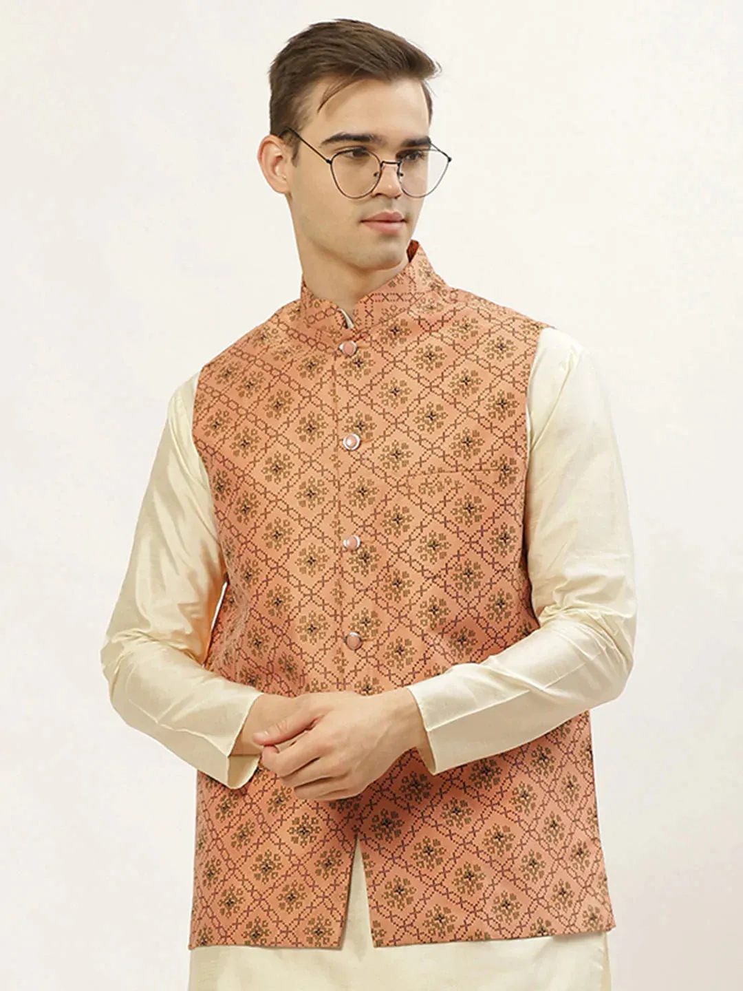 Men'S Orange Printed Nehru Jacket