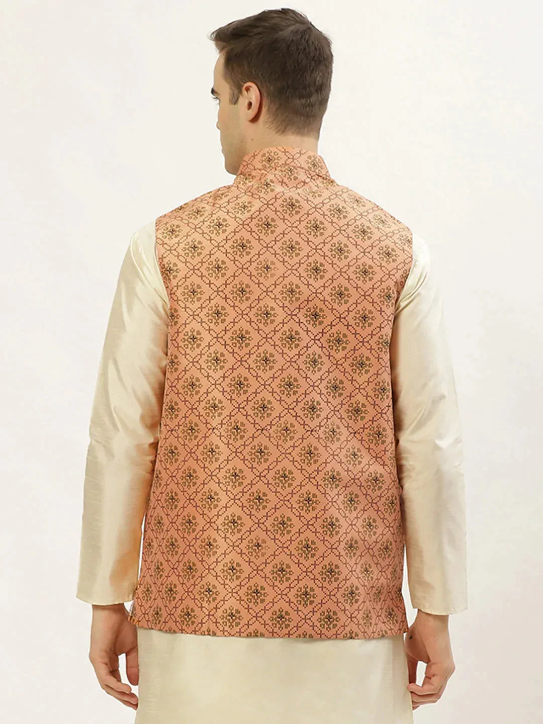 Men'S Orange Printed Nehru Jacket