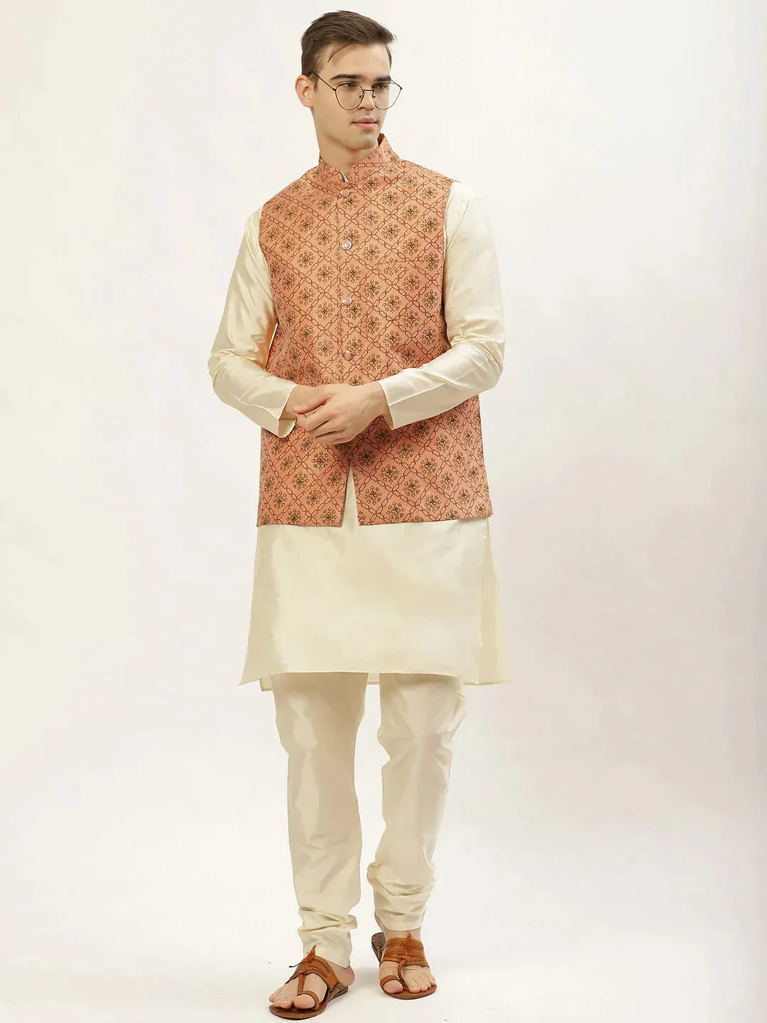 Men'S Orange Printed Nehru Jacket