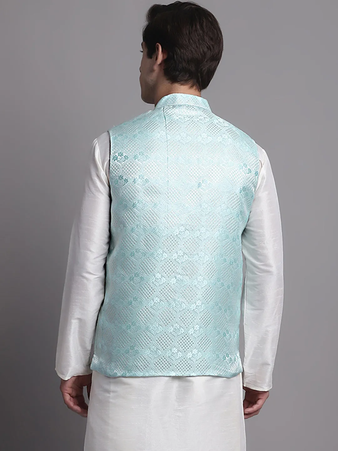 Men'S Turquoise Blue Woven Design Nehru Jacket