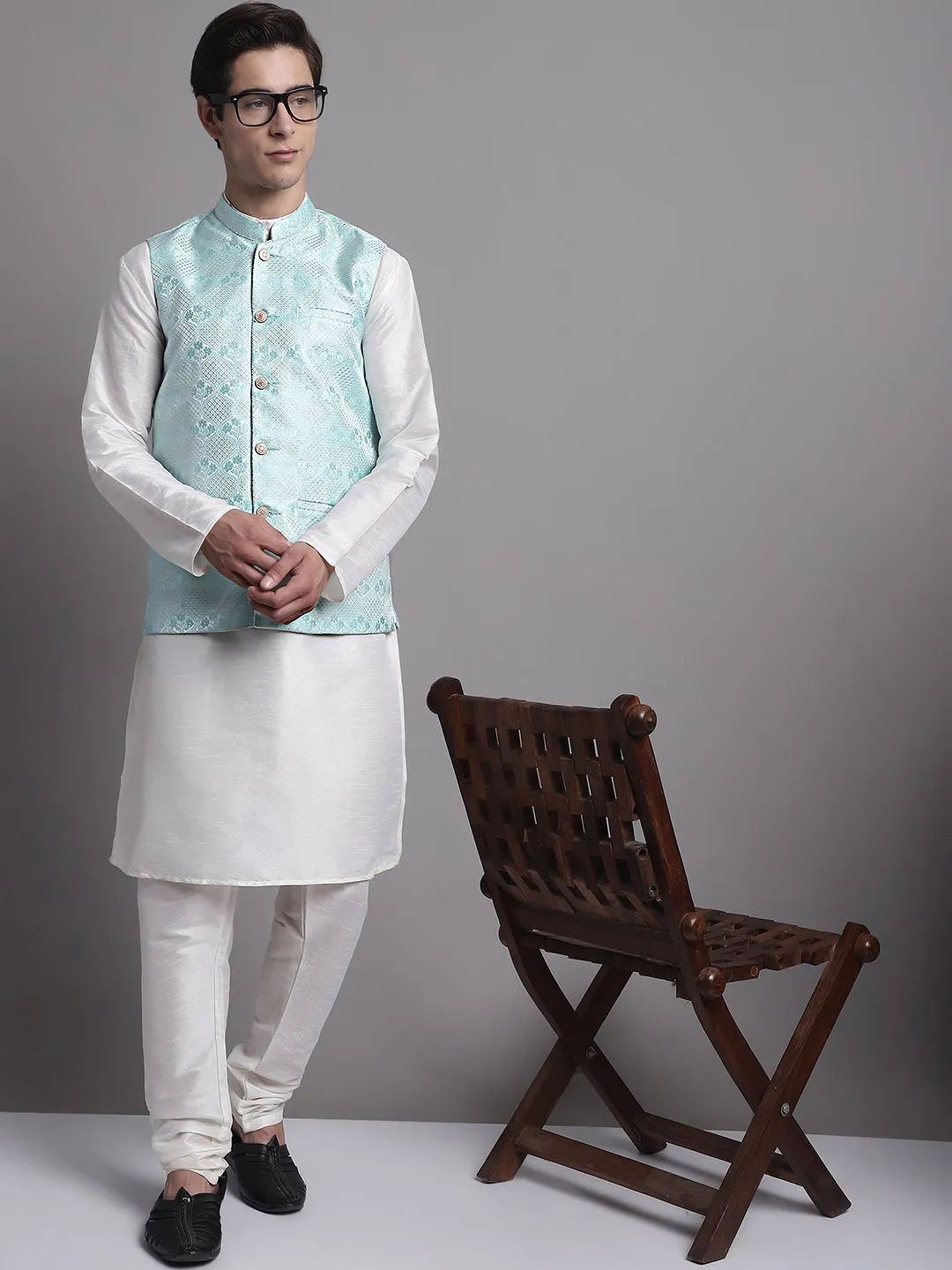 Men'S Turquoise Blue Woven Design Nehru Jacket