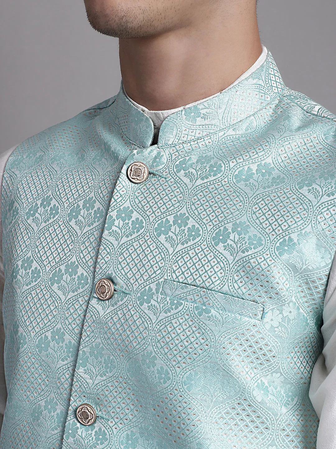 Men'S Turquoise Blue Woven Design Nehru Jacket