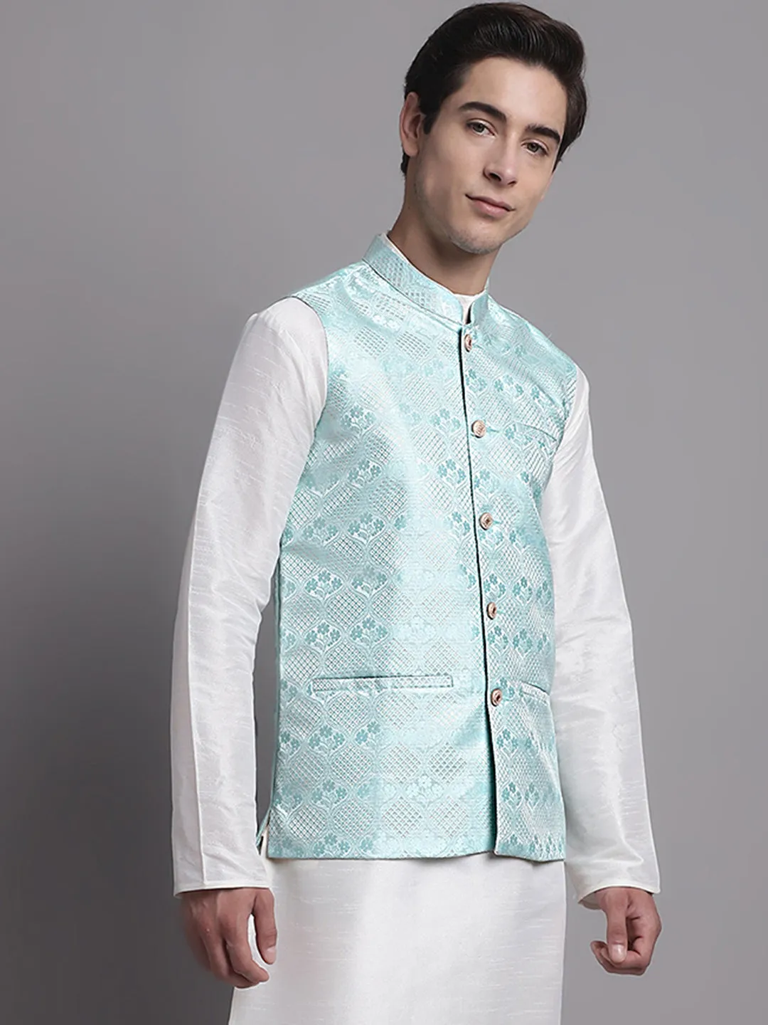 Men'S Turquoise Blue Woven Design Nehru Jacket