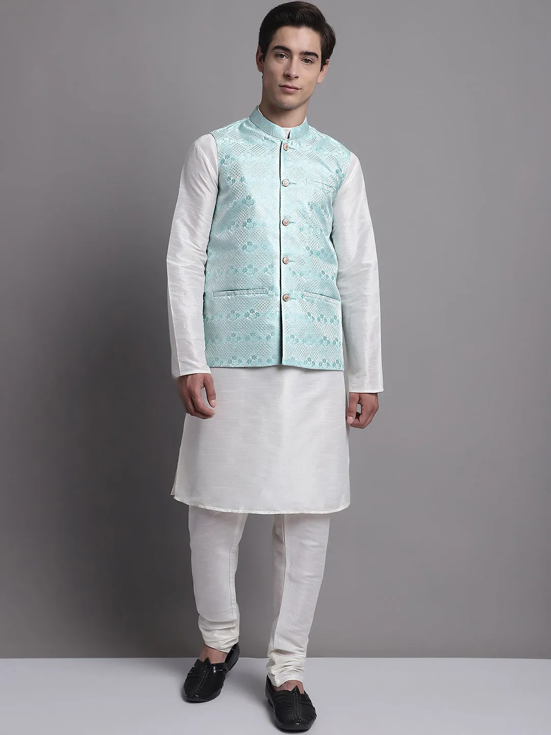 Men'S Turquoise Blue Woven Design Nehru Jacket