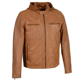 Men's Zipper Front Leather Jacket w/ Removable Hood