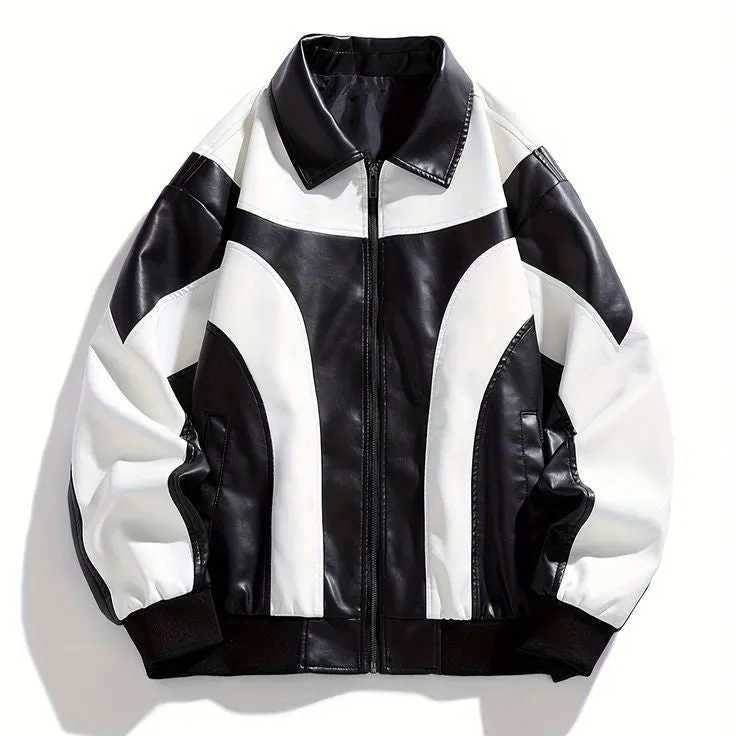 Menswear Iconic Style Kpop Black & White Colour Block Zip Up Vegan Leather Jacket For Fashion Outfit