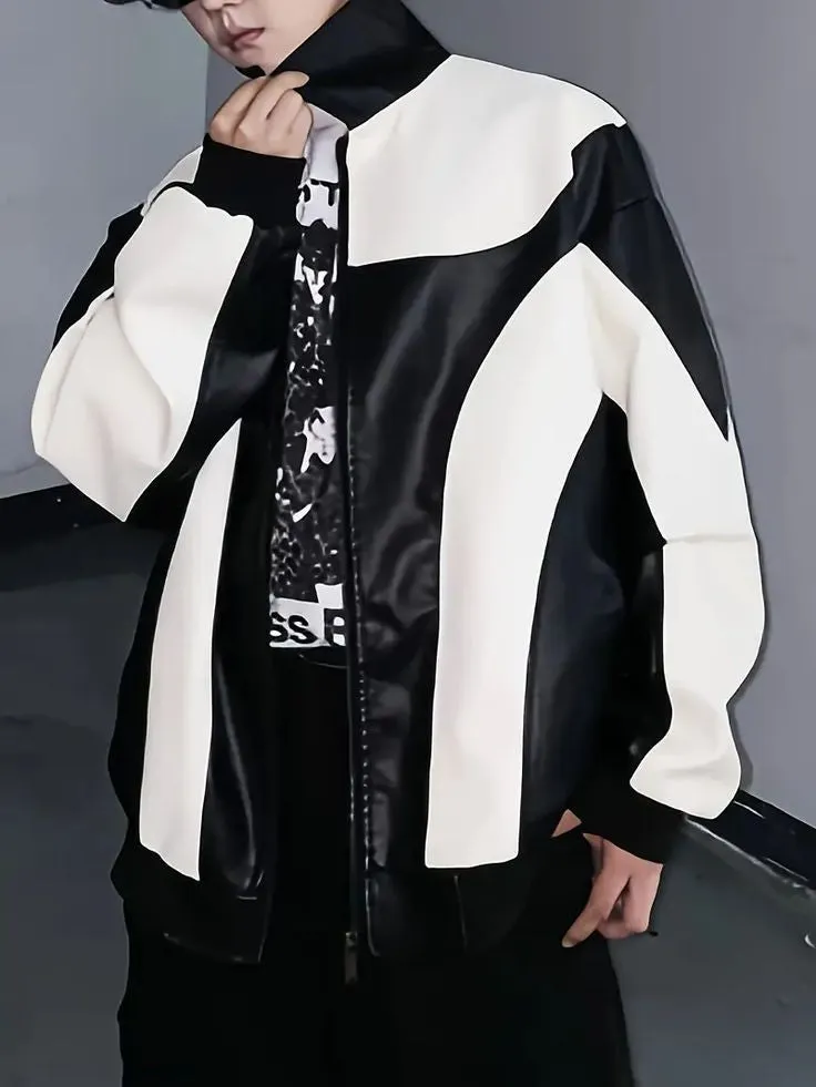 Menswear Iconic Style Kpop Black & White Colour Block Zip Up Vegan Leather Jacket For Fashion Outfit