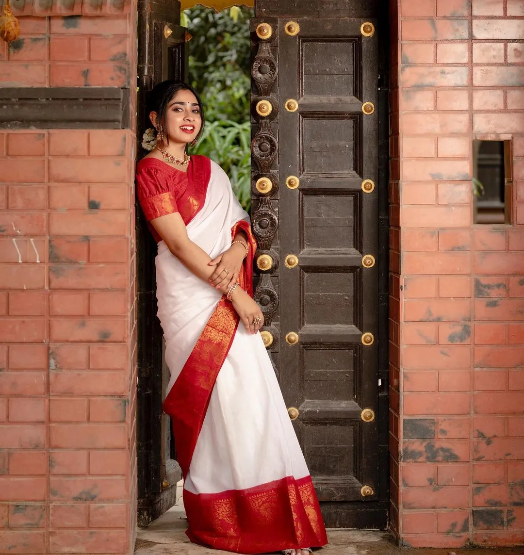 Mesmeric White Soft Silk Saree With Snappy Blouse Piece