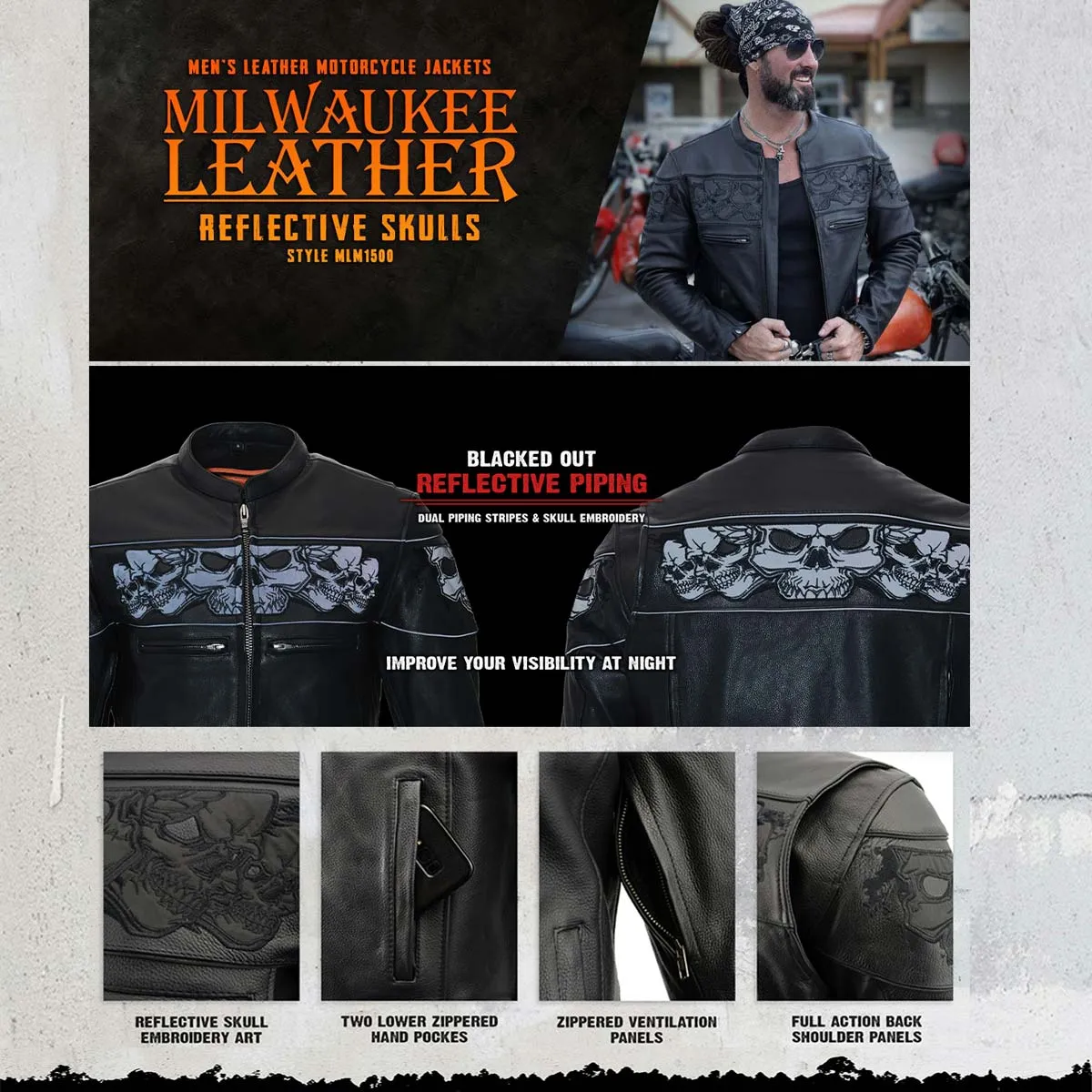 Milwaukee Leather MLM1500 Men's Crossover Black Leather Scooter Jacket with Reflective Skulls