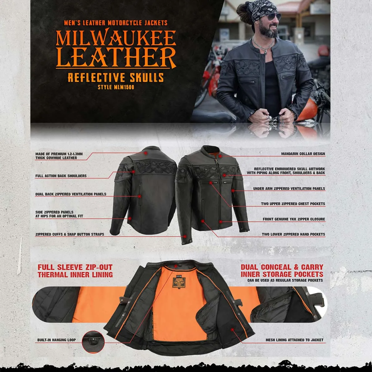 Milwaukee Leather MLM1500 Men's Crossover Black Leather Scooter Jacket with Reflective Skulls