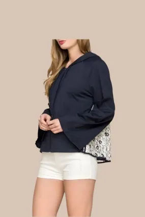 Monoreno Short Floral Lace Zip Up Hoodie Top Jacket - Navy