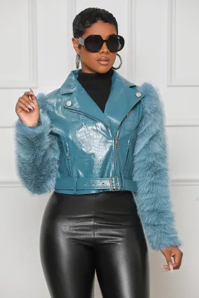 My Time Faux Fur Leather Jacket (Blue)- FINAL SALE