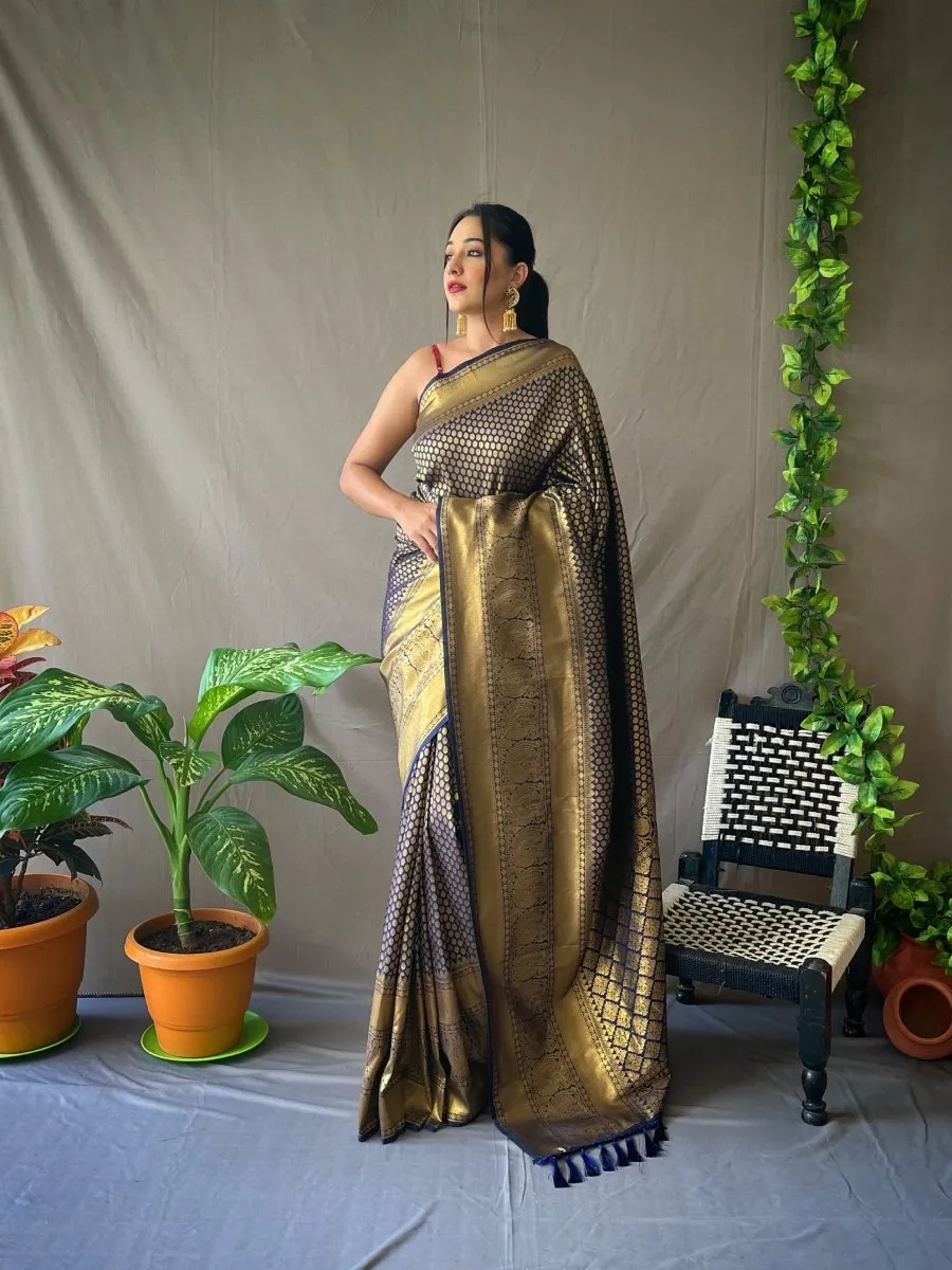 Navy Blue Saree in Pure Kanjeevaram Silk for wedding