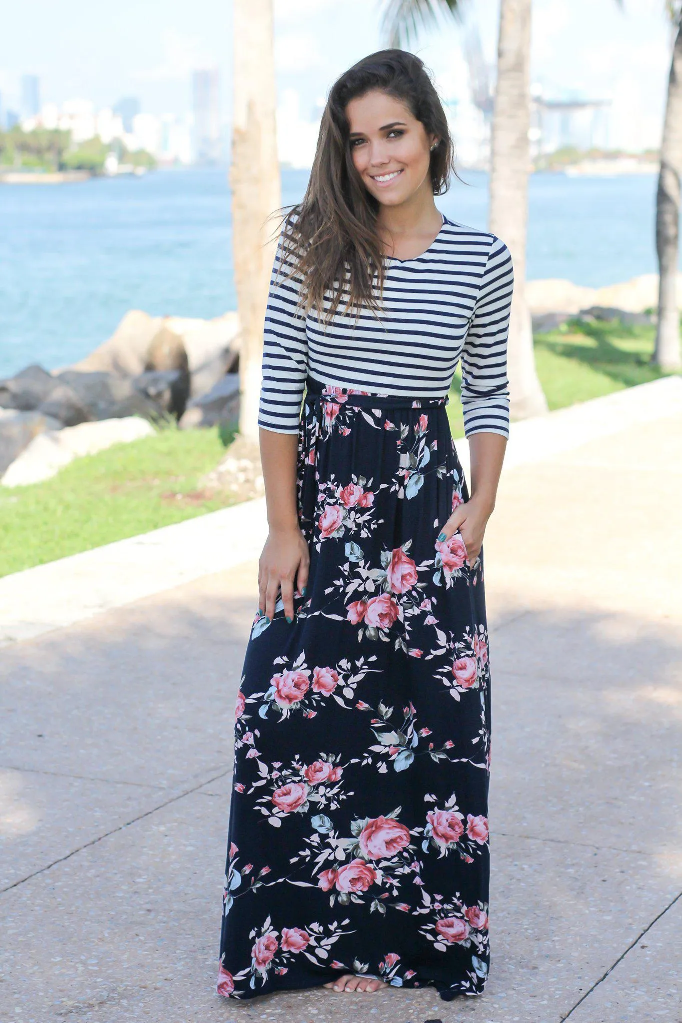 Navy Floral Striped Maxi Dress with Tie Waist