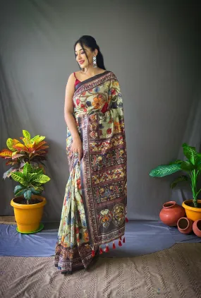 Olive Green Saree in Cotton Kalamkari Print