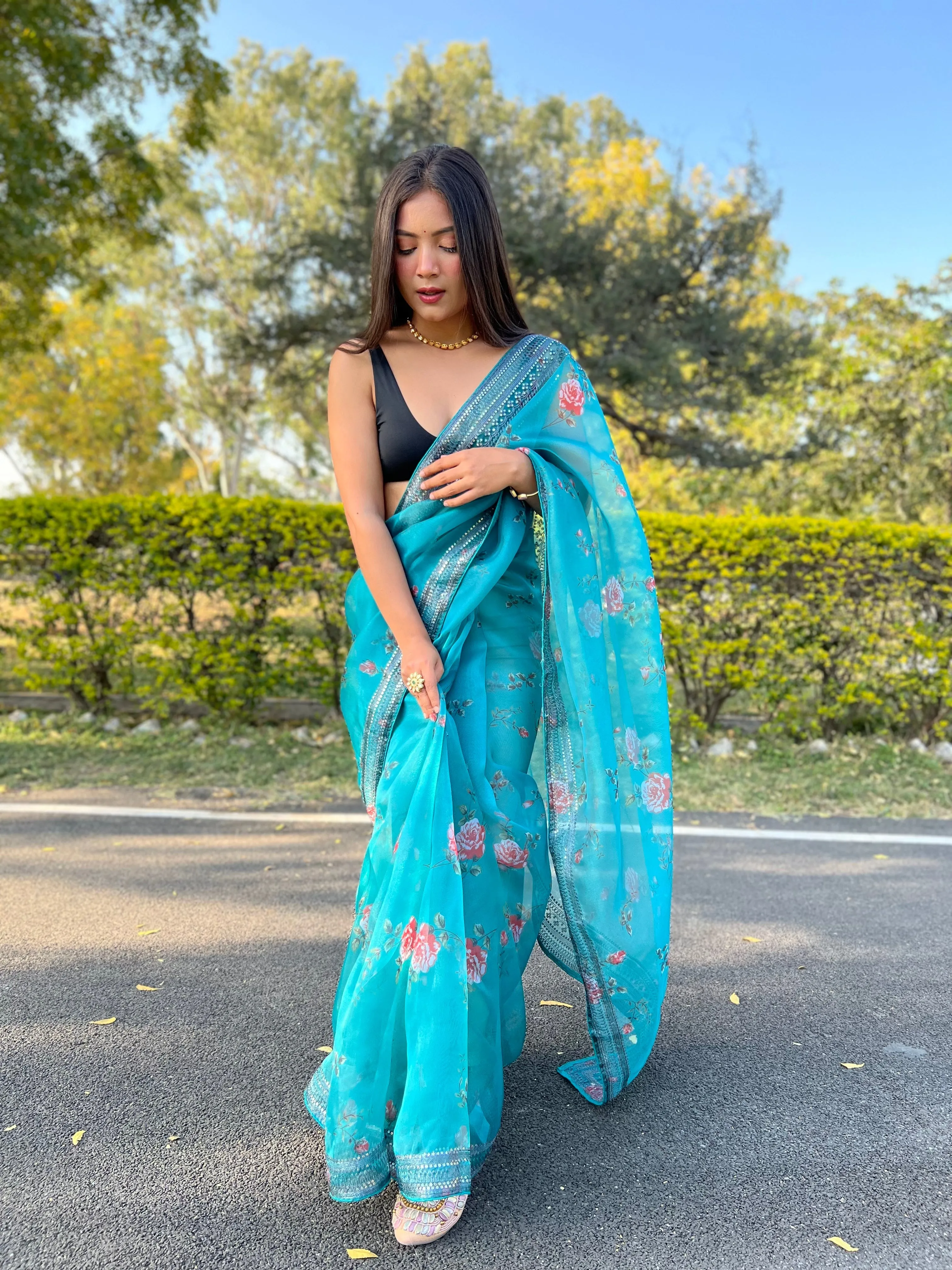 Pacific Blue Saree in Pure Soft Organza Floral Printed Grey Sequins Coding Work