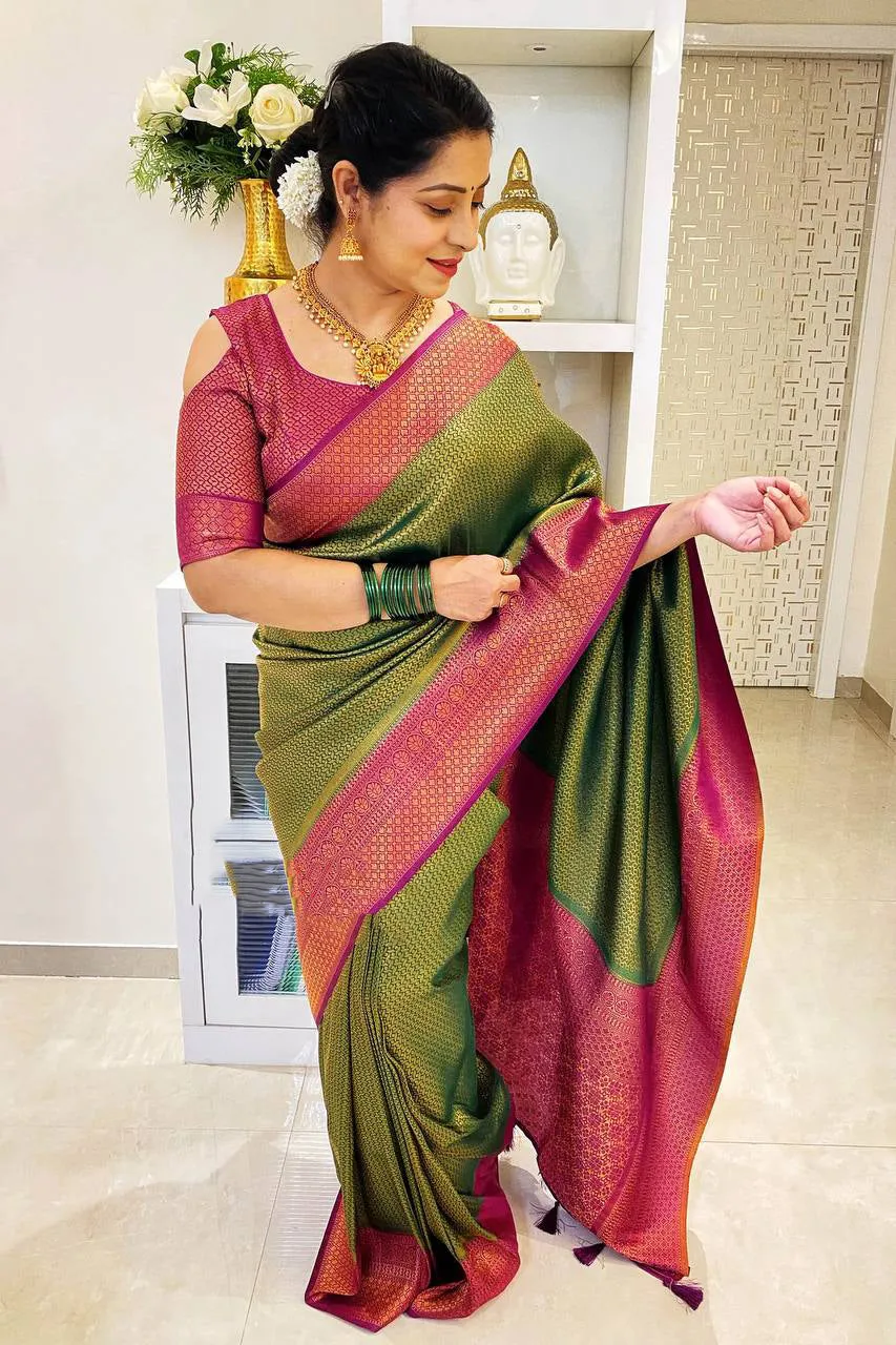 Palimpsest Green Soft Silk Saree With Surreptitious Blouse Piece