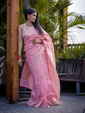 Pastel Pink Saree in Linen Silk