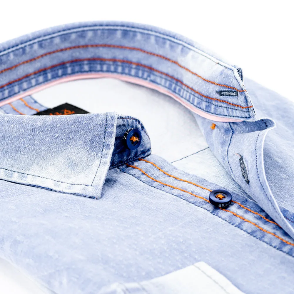 Pattern Light Stone Wash Denim Jacquard Button Down Shirt