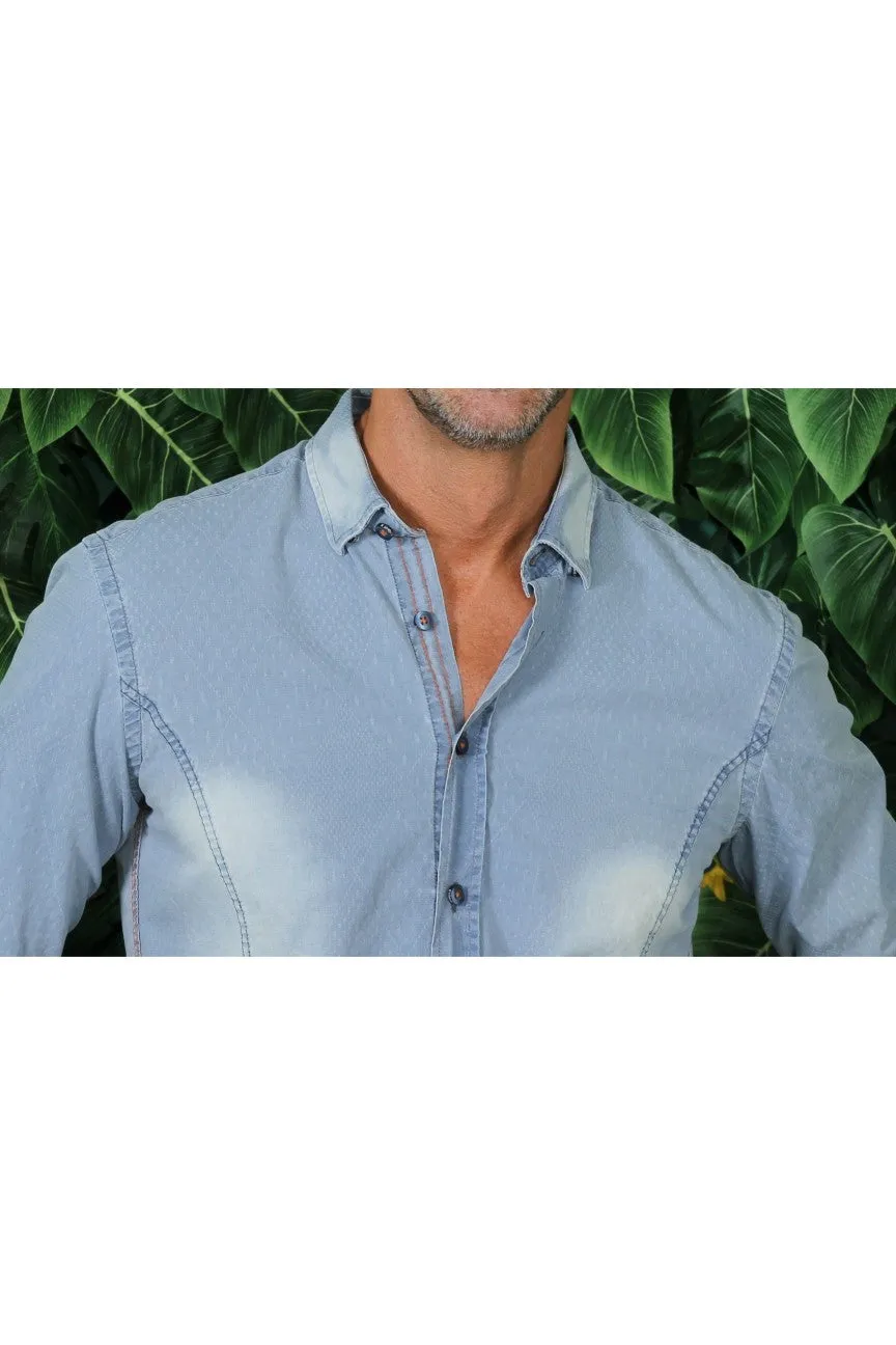 Pattern Light Stone Wash Denim Jacquard Button Down Shirt