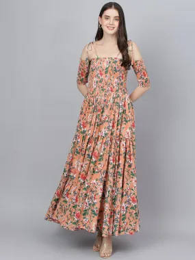 Peach Floral Printed Shoulder Strips Flared Long Dress