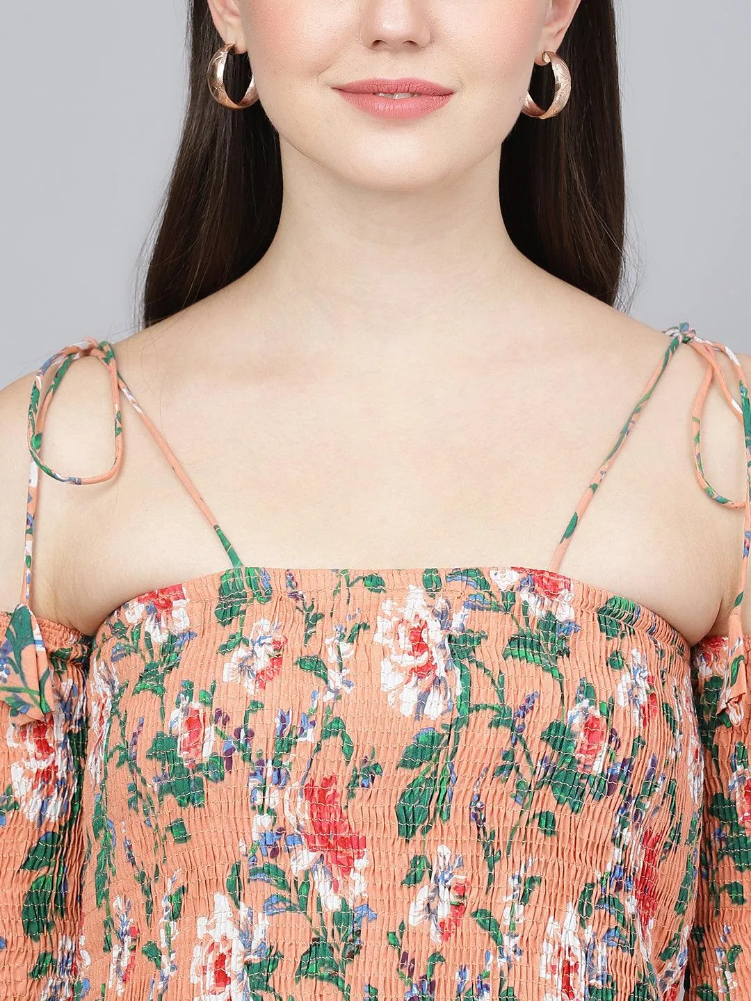 Peach Floral Printed Shoulder Strips Flared Long Dress