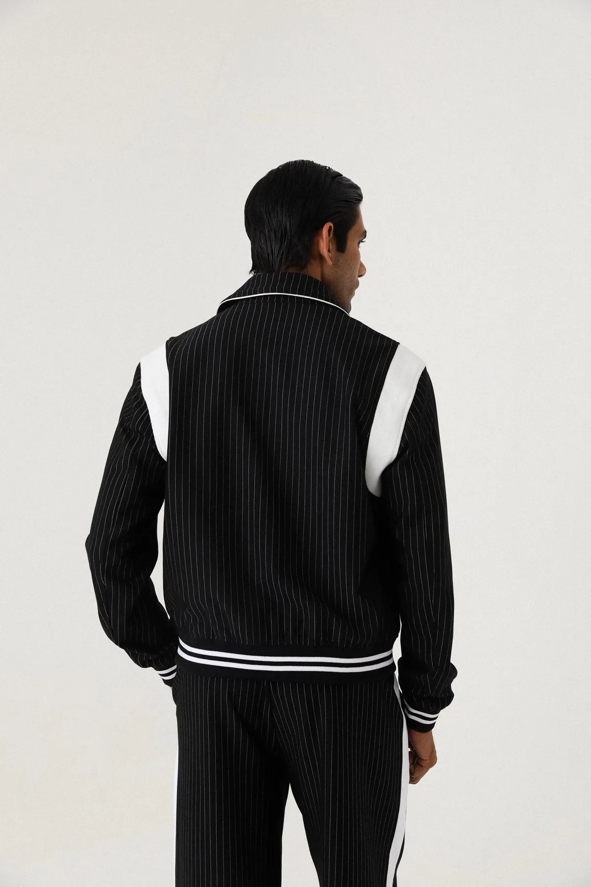 PINSTRIPE SUITING BOMBER JACKET