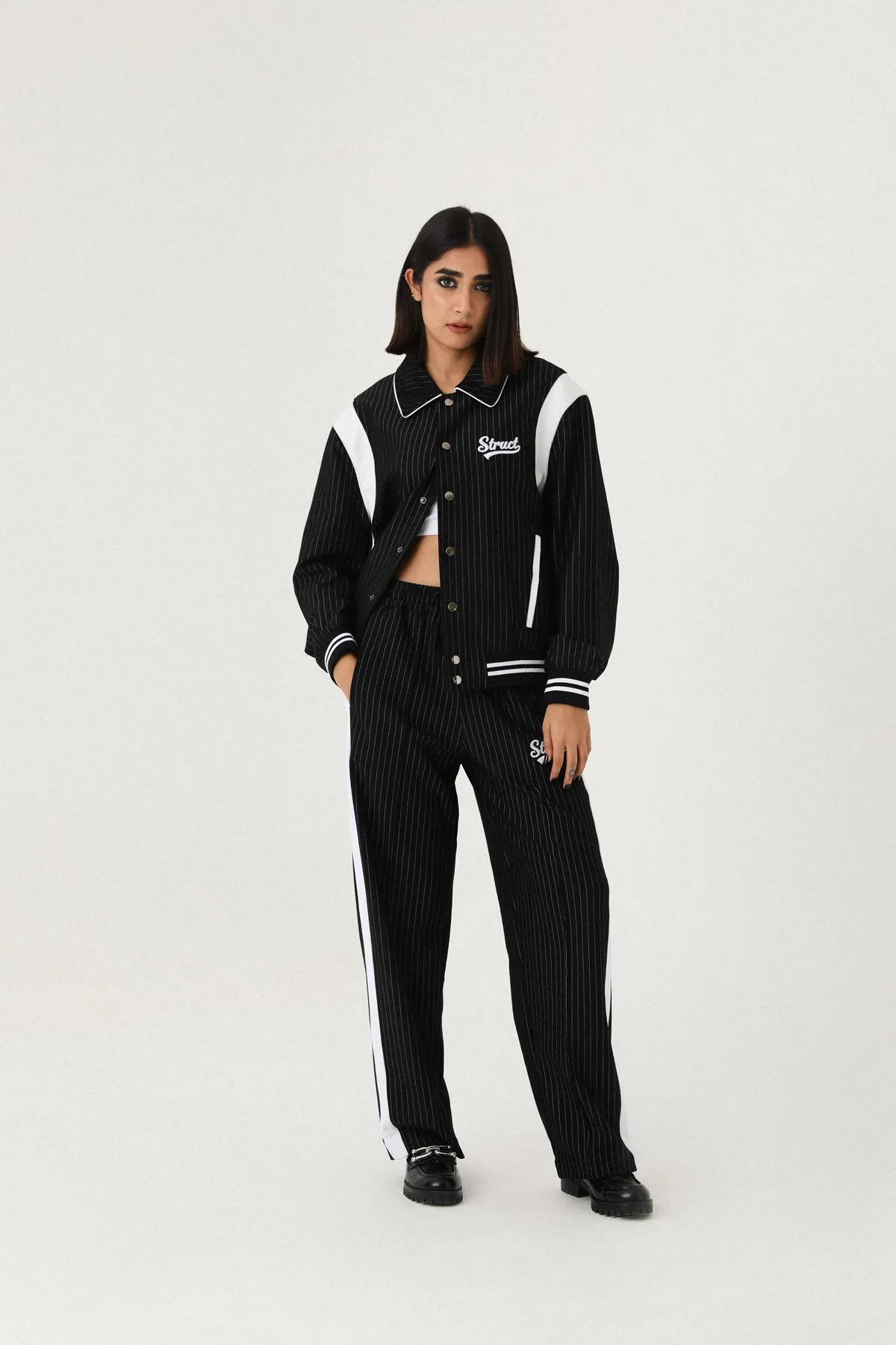 PINSTRIPE SUITING BOMBER JACKET