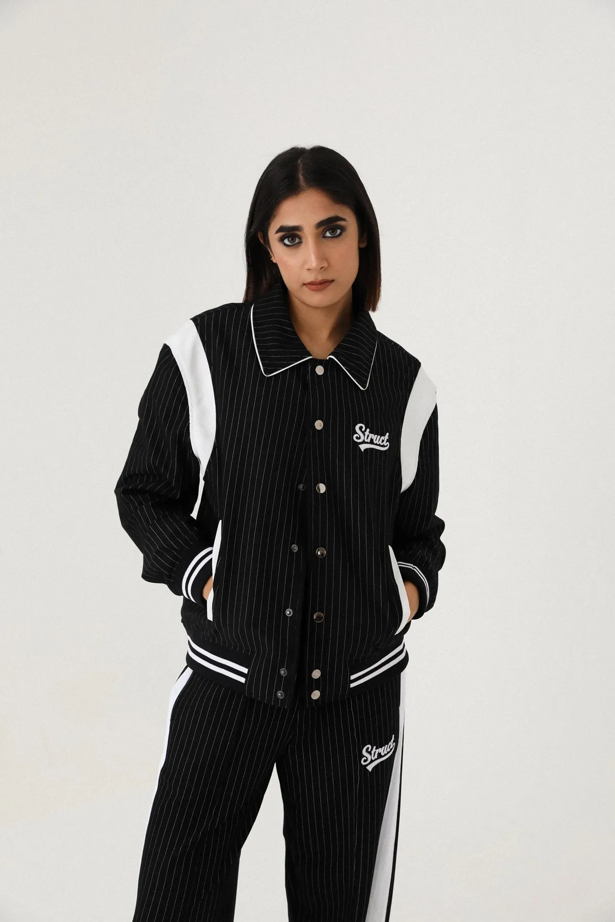 PINSTRIPE SUITING BOMBER JACKET