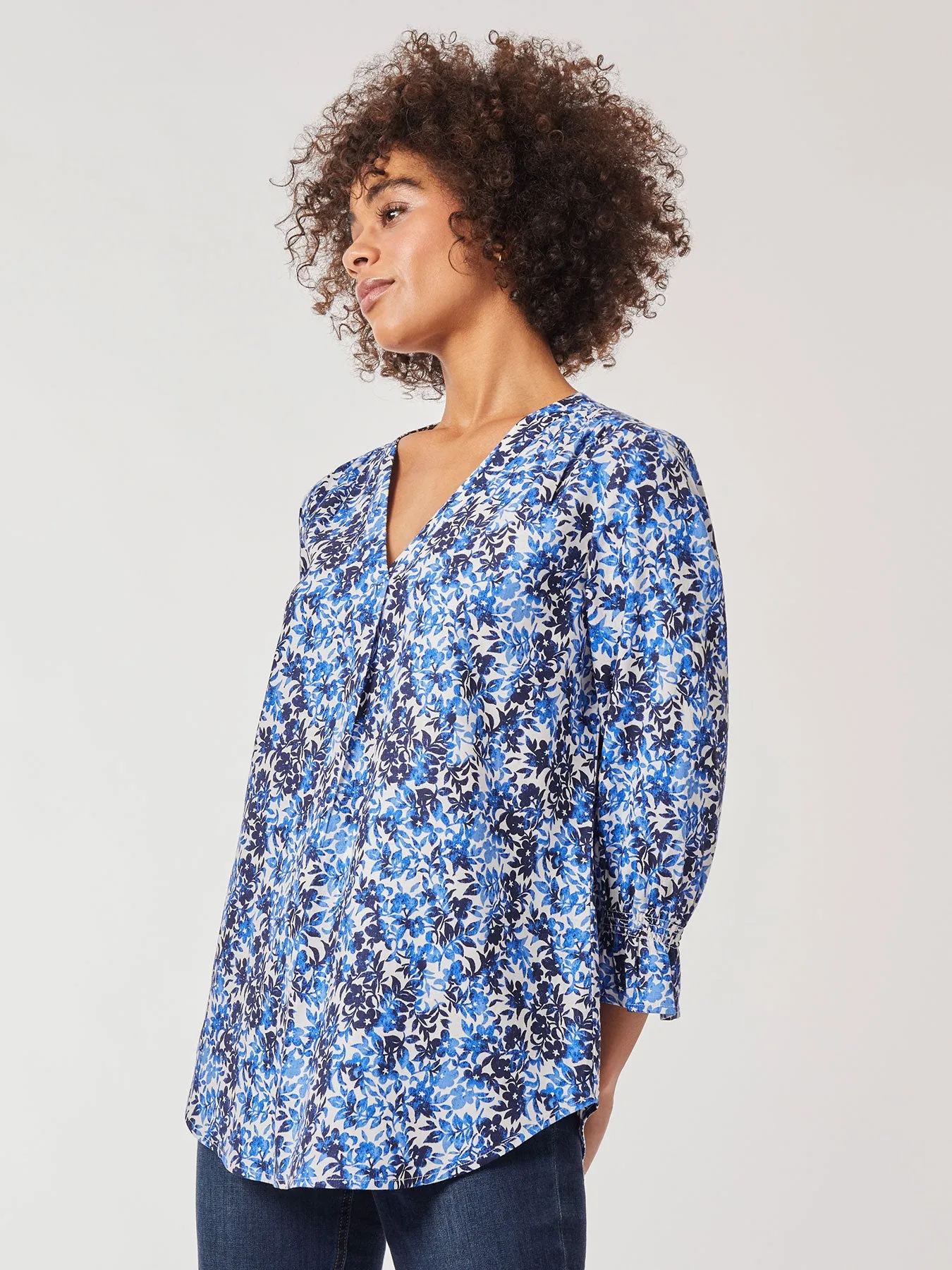 Printed Smocked Sleeve Pleat Front Tunic