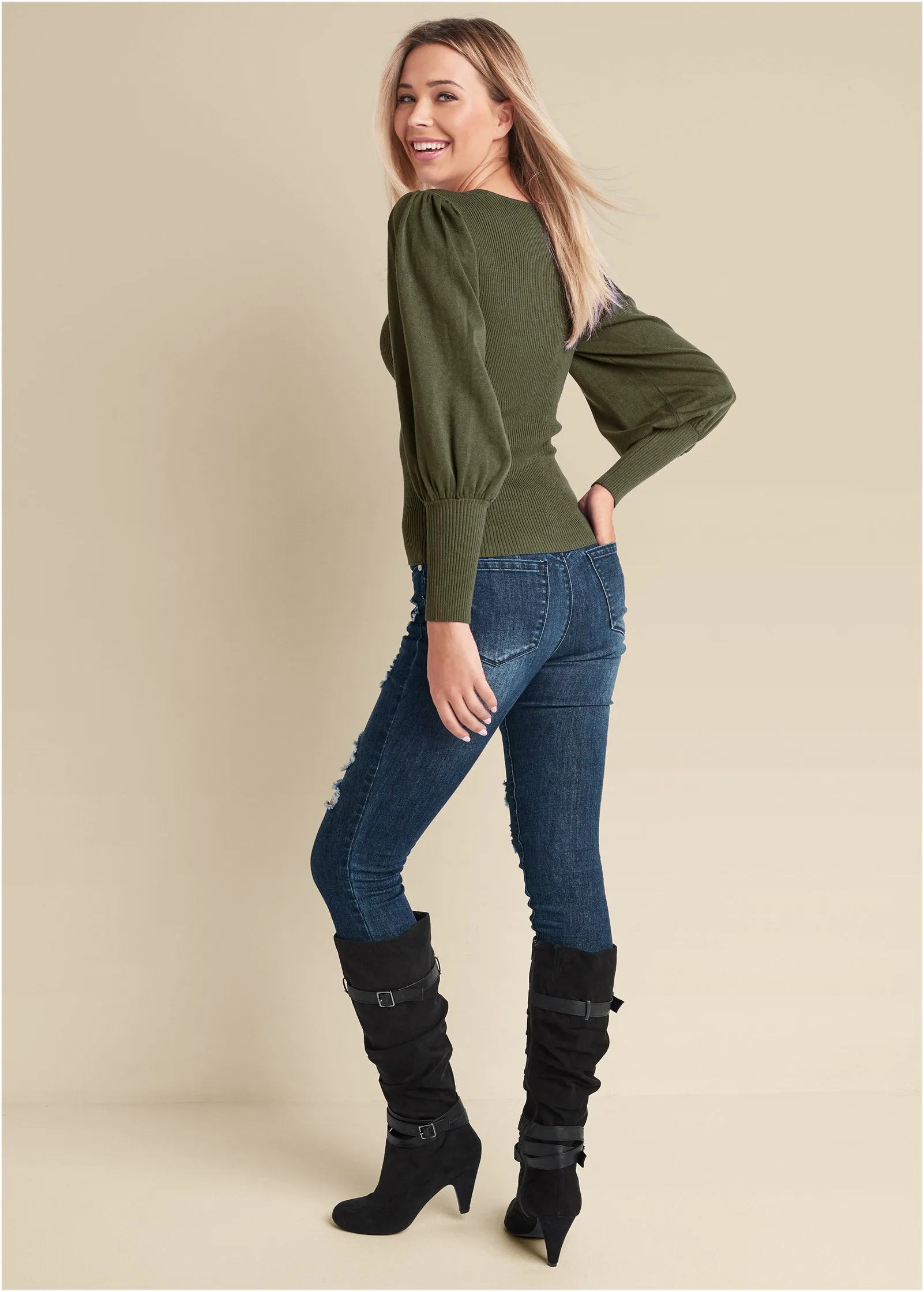 Puff Sleeve Sweater - Olive