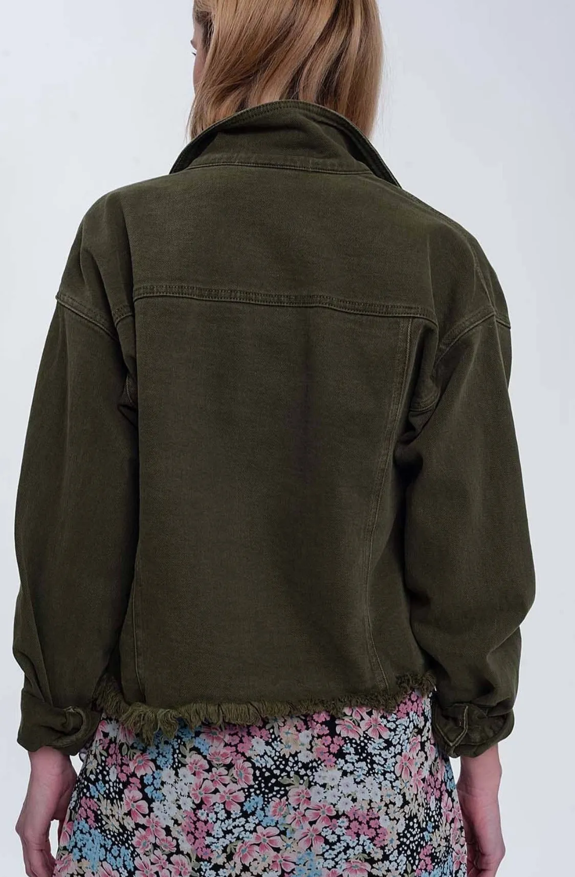 Q2 Raw Hem Olive Denim Jacket