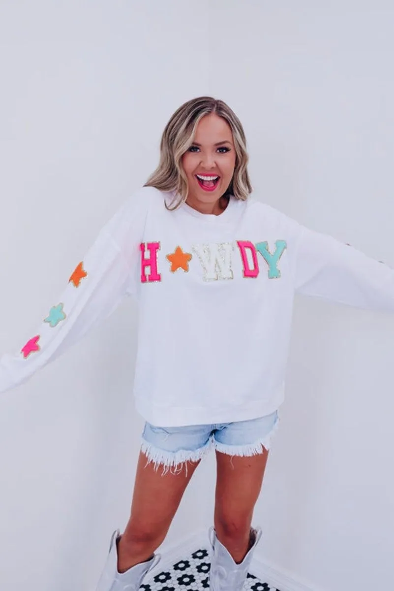 "Howdy" White Glitter Patch Graphic Sweatshirt