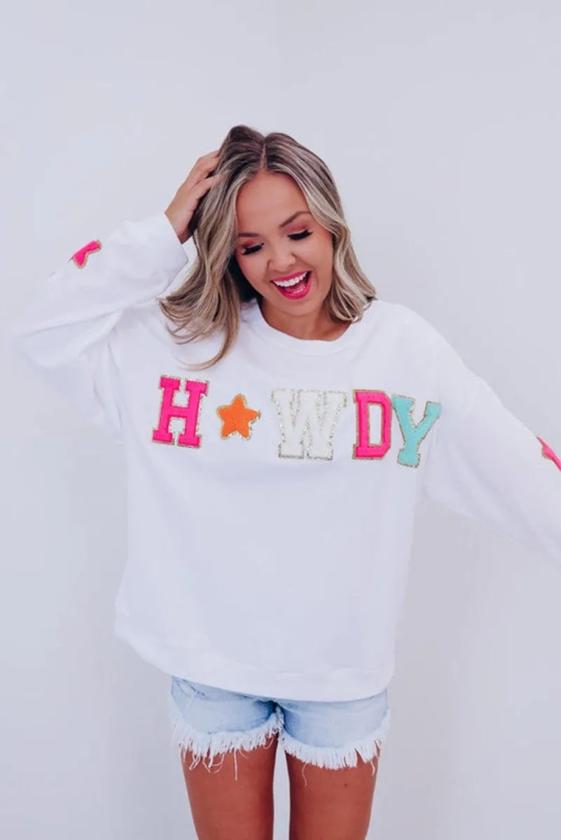 "Howdy" White Glitter Patch Graphic Sweatshirt