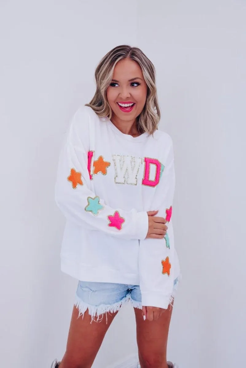 "Howdy" White Glitter Patch Graphic Sweatshirt