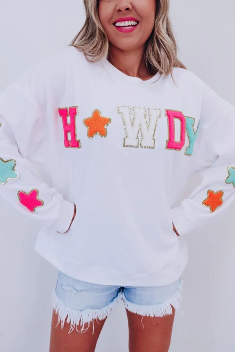 "Howdy" White Glitter Patch Graphic Sweatshirt