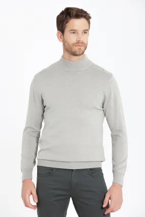 Regular Fit Patterned Cotton Blend Gray Mock Neck Sweater, Cement