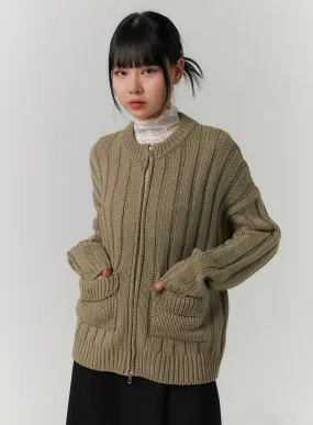 Ribbed Pocket Zip Up Knit Sweater CJ422