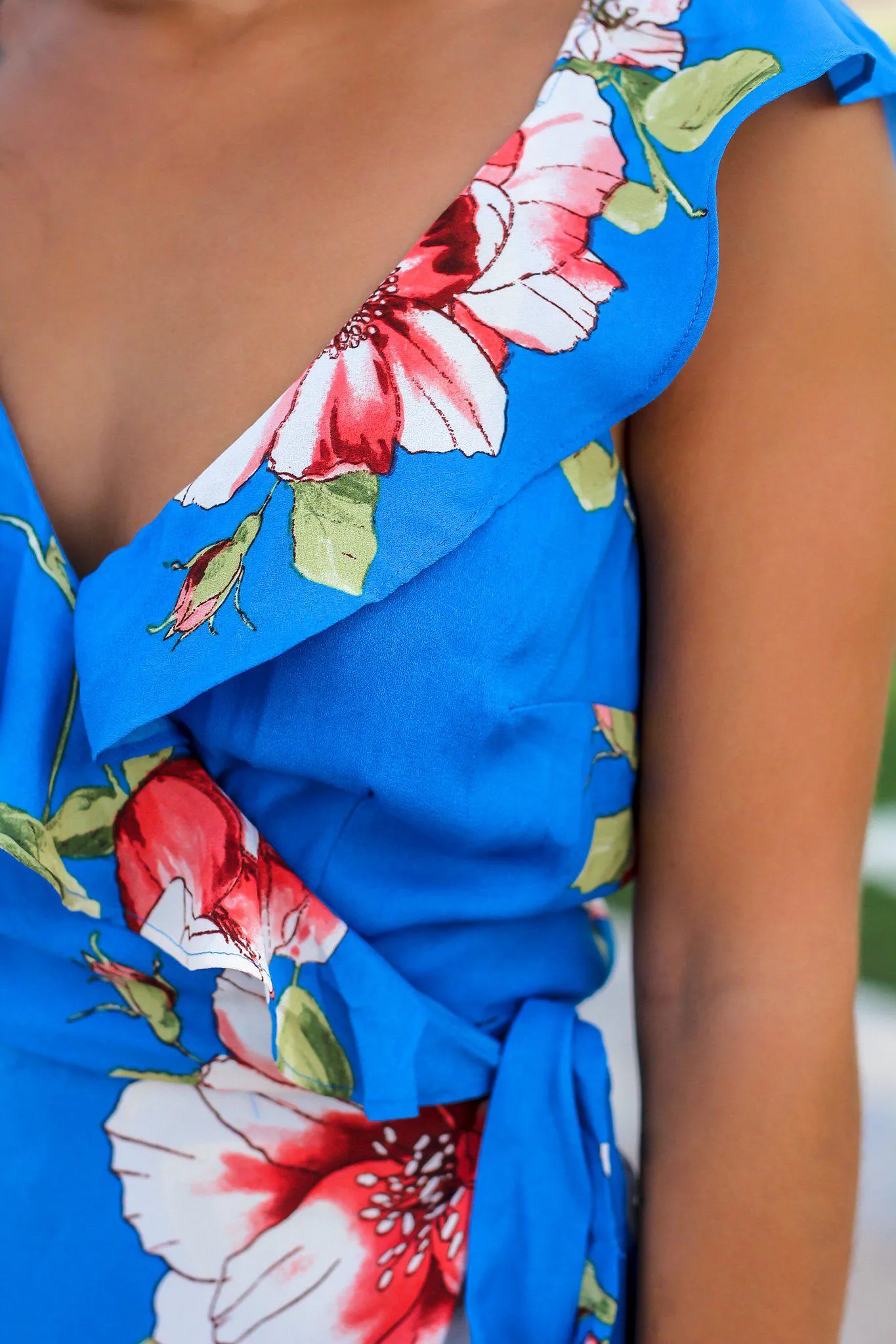 Royal Blue Floral Wrap Dress with Ruffles