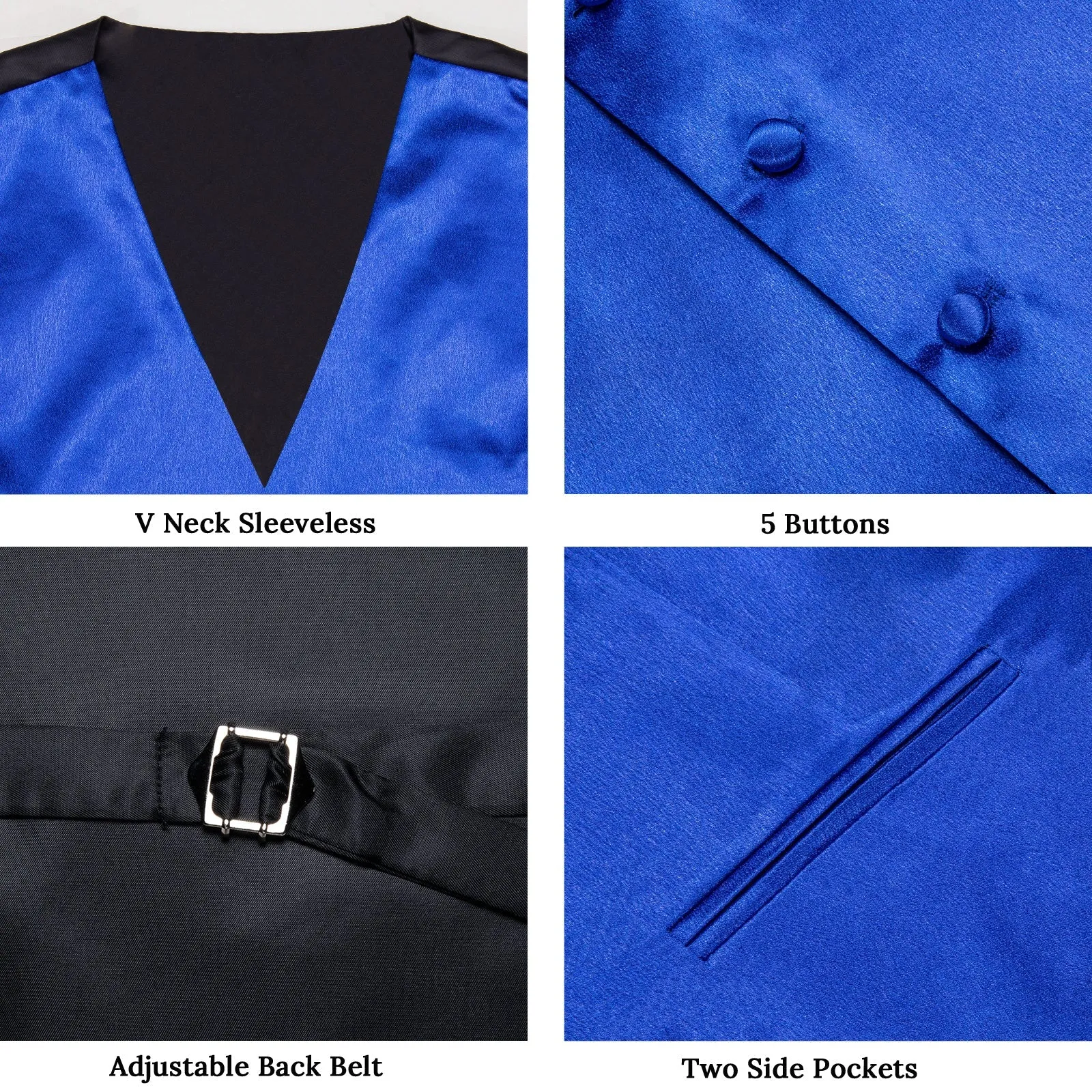 Royal Blue Solid Shining Silk Formal Men's Vest Hanky Cufflinks Tie Set