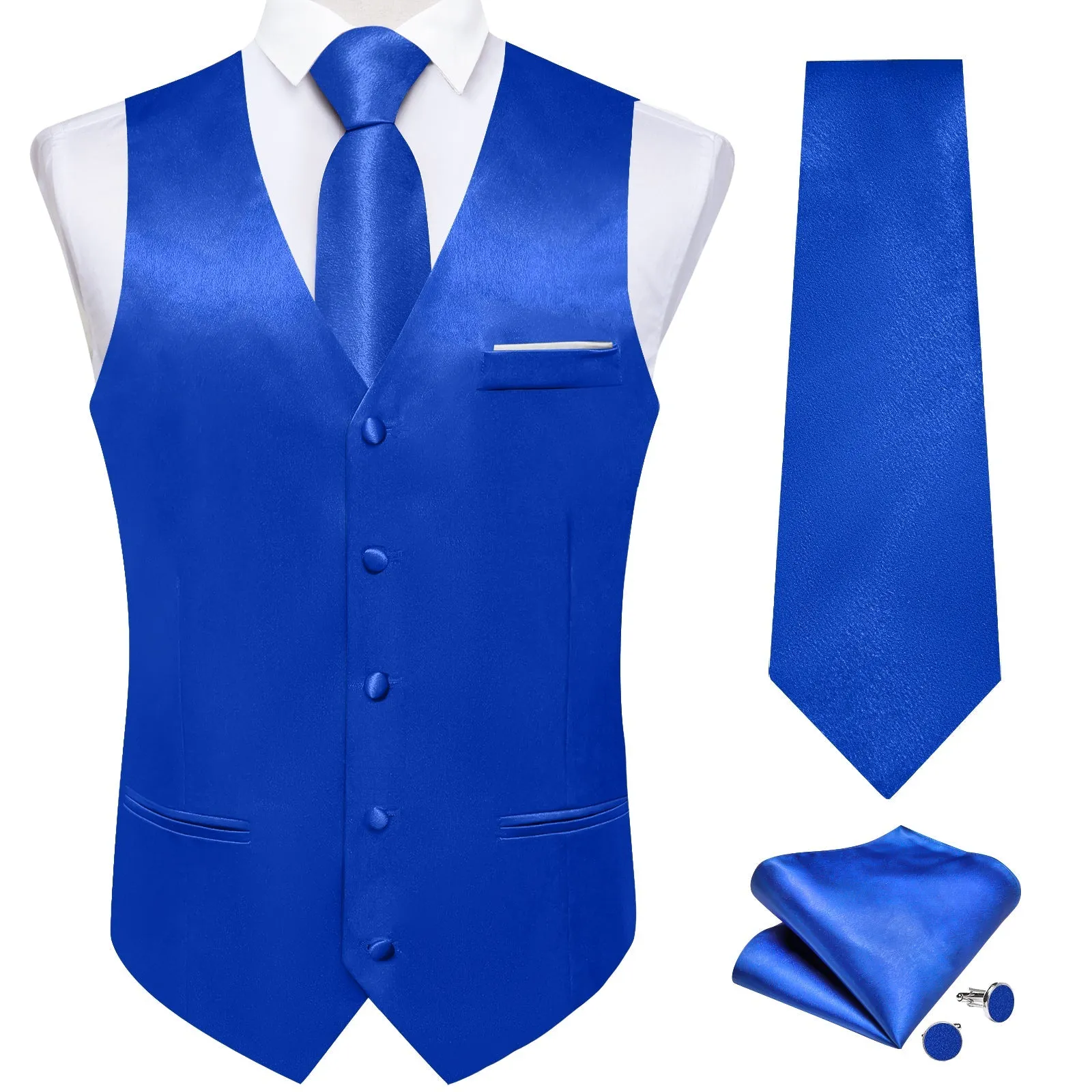 Royal Blue Solid Shining Silk Formal Men's Vest Hanky Cufflinks Tie Set