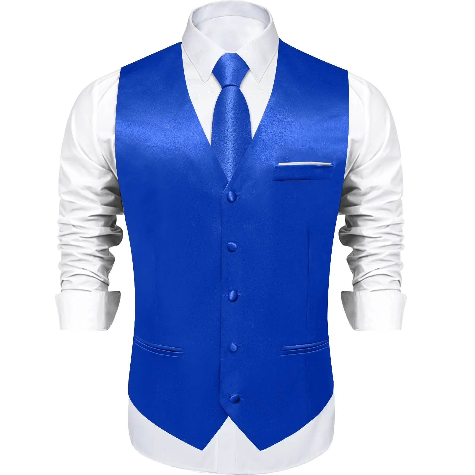 Royal Blue Solid Shining Silk Formal Men's Vest Hanky Cufflinks Tie Set