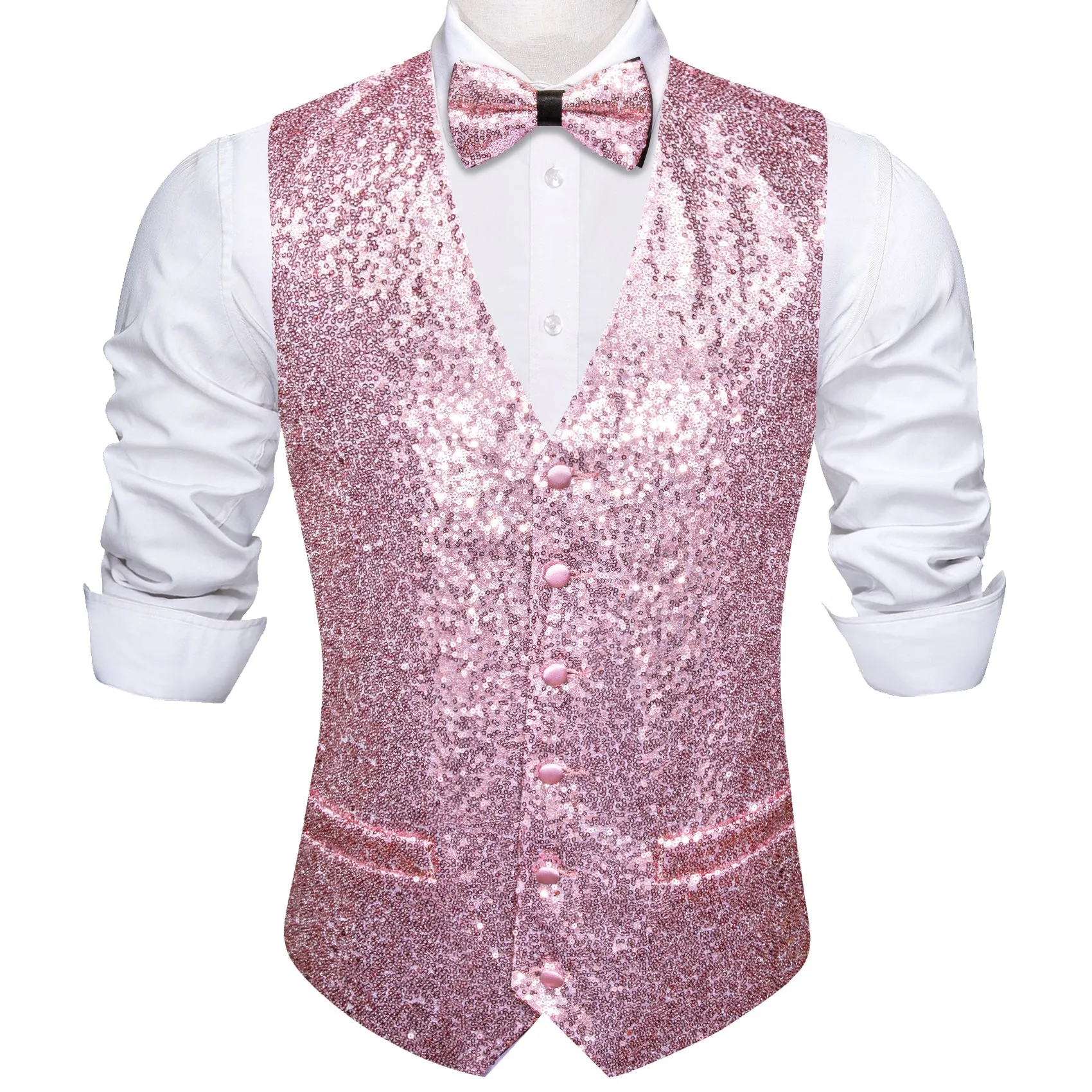 Sequins Pink Solid Silk Men's Vest Bow Tie Set Waistcoat Suit Set