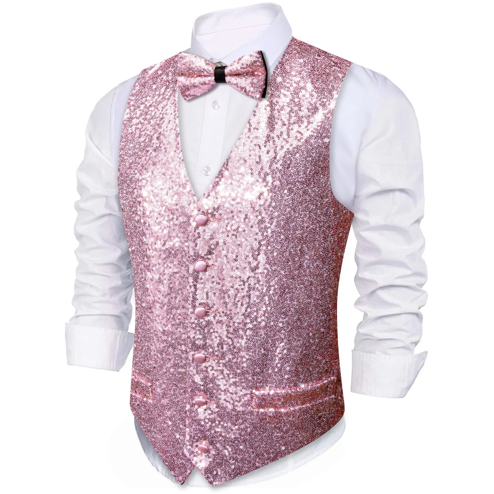 Sequins Pink Solid Silk Men's Vest Bow Tie Set Waistcoat Suit Set