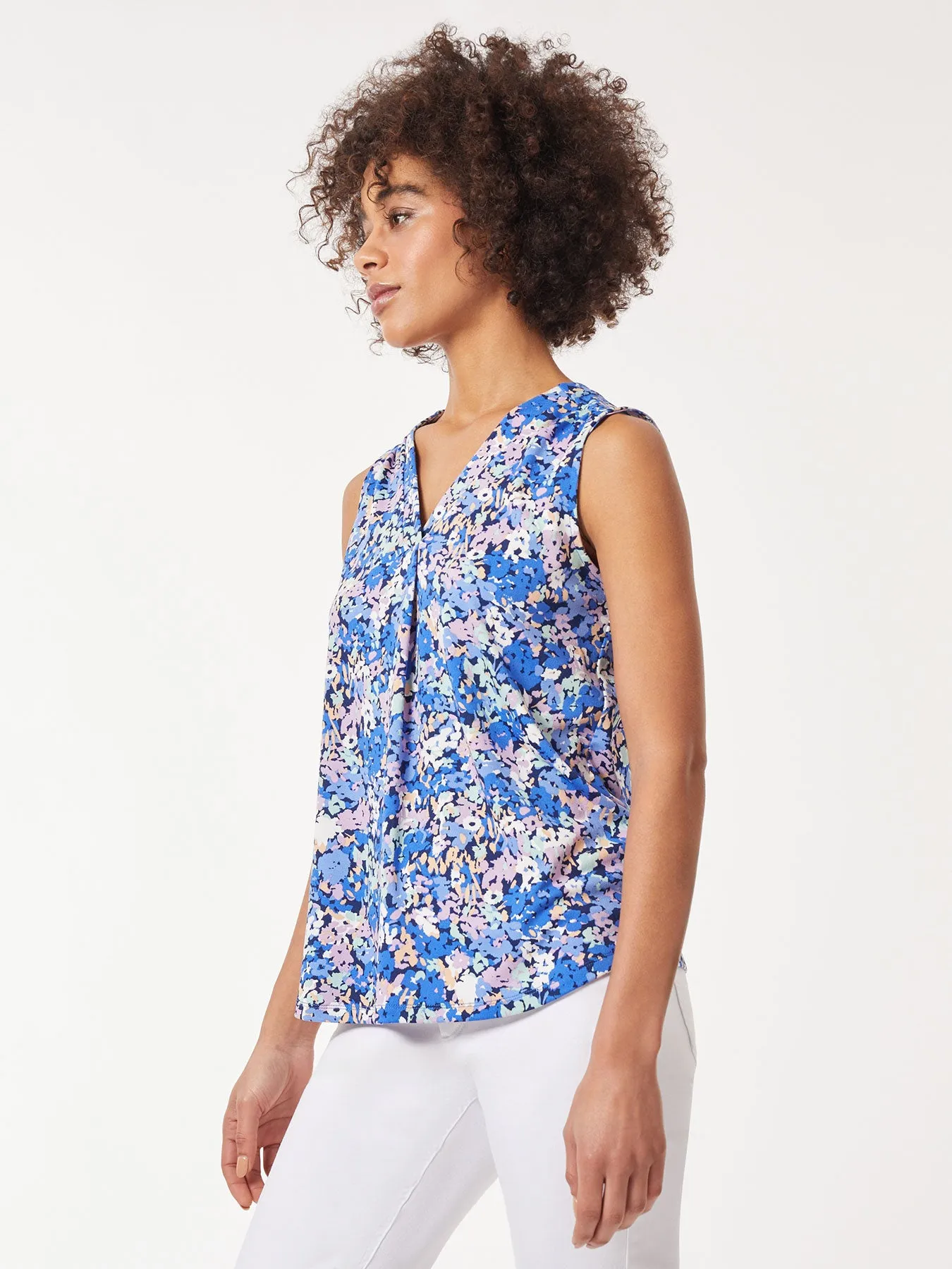 Sleeveless Printed V-Neck Moss Crepe Top