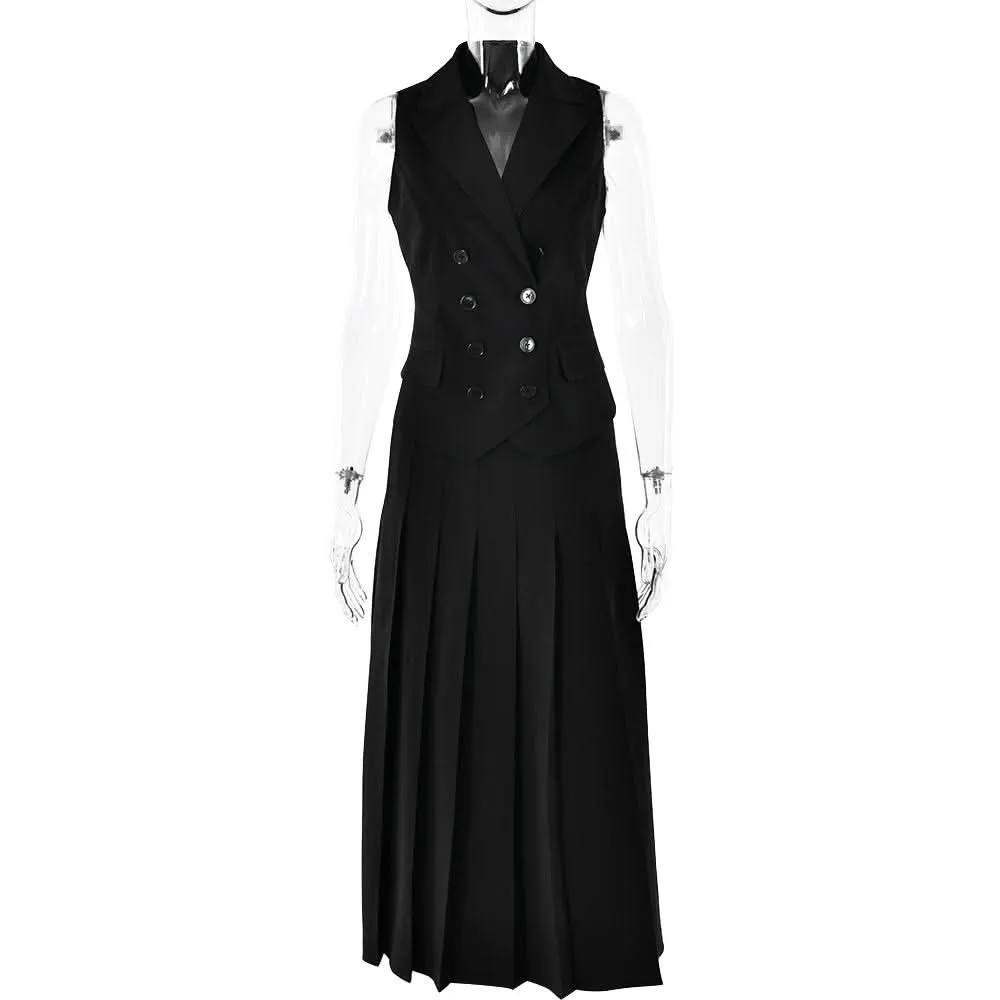 Sleeveless turnover collar button pleated maxi skirt set