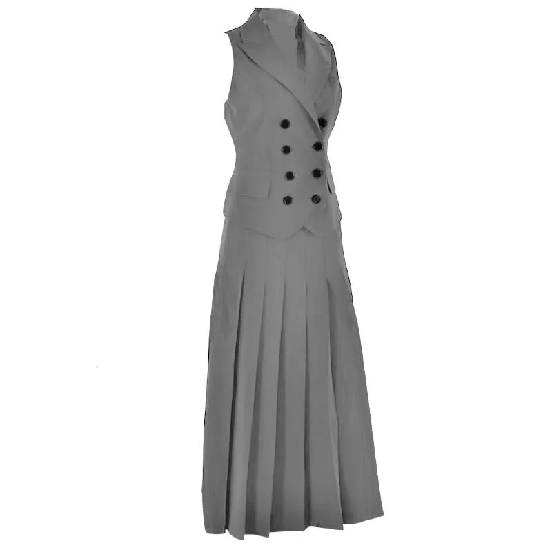 Sleeveless turnover collar button pleated maxi skirt set