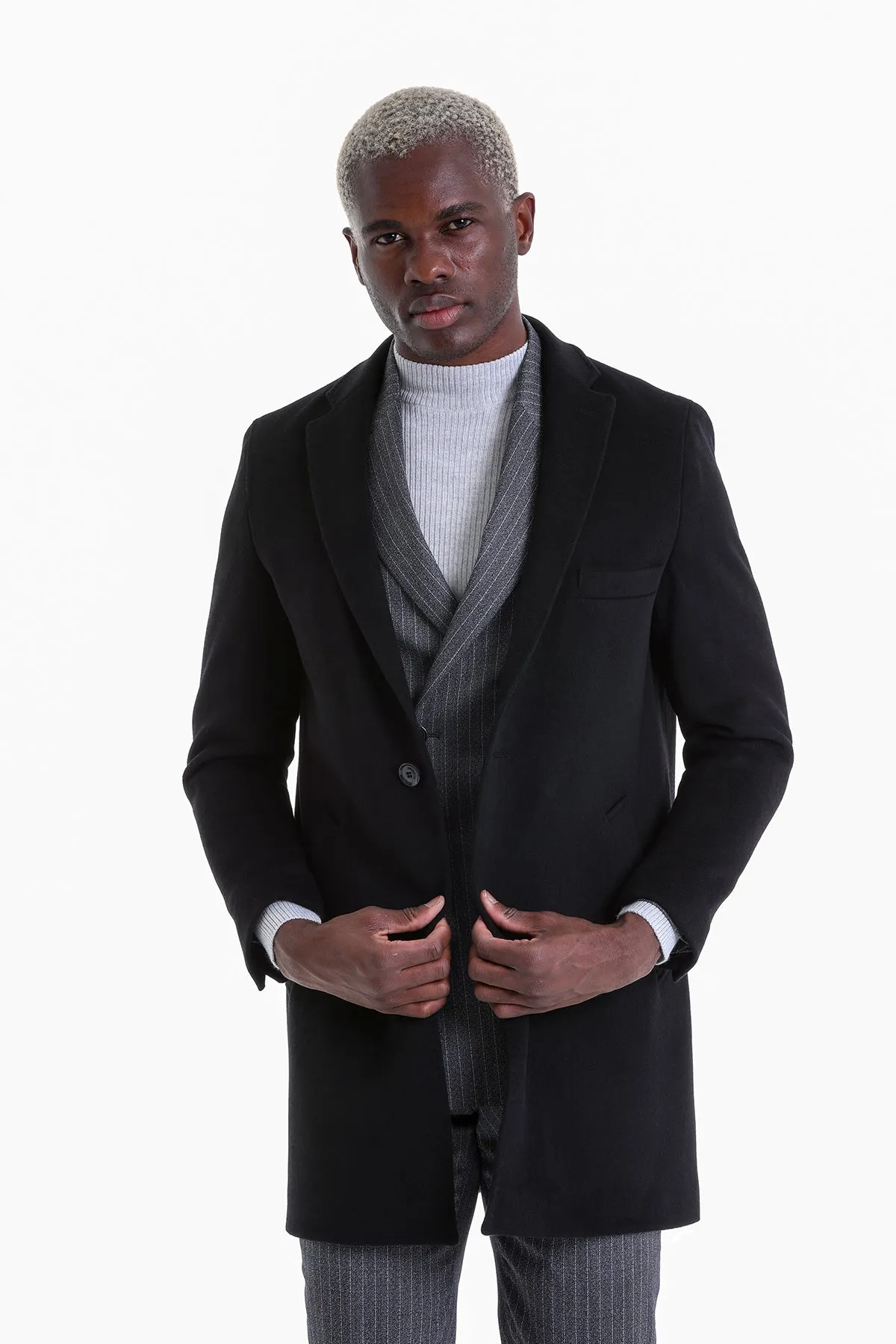 Slim Fit Cachet Black Wool Blend Overcoat