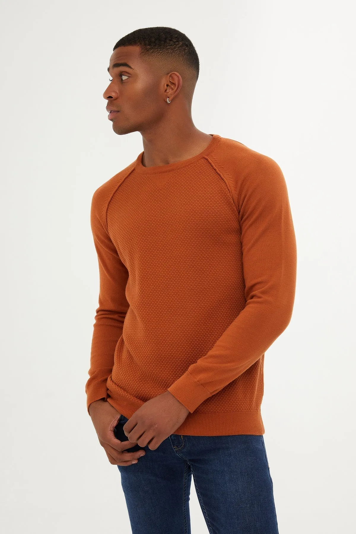 Slim Fit Cinnamon Cotton Blend Crewneck Sweater